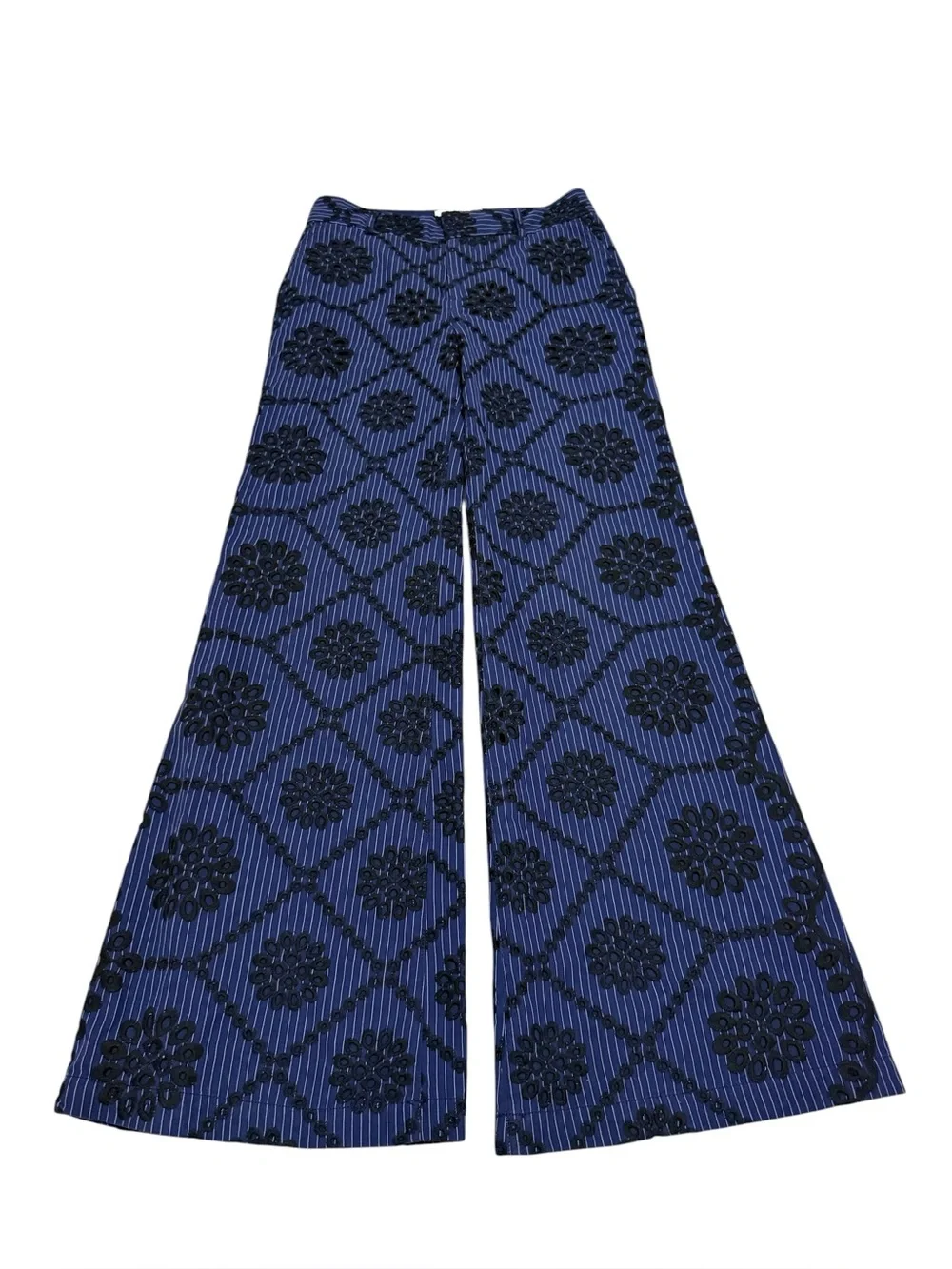 Anthropologie ETT TWA Blue & White Pinstripe Flare Pants Floral Cut Outs Size 2